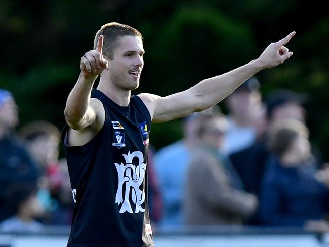 Blake Kuipers of Rosebud celebrates kicking a goal during the round ten MPFNL Division One Seniors match between Sorrento and Rosebud at David Macfarlan Reserve, on June 08, 2024, in Sorrento, Australia. (Photo by Josh Chadwick)