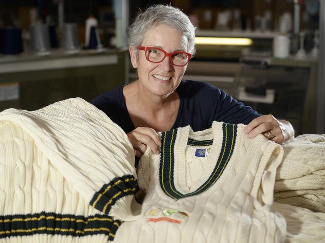 Silver Fleece owner Cathy Barton with the vest that her company makes for the Australian cricket team. Pictured at her Kilkenny factory.picture: Bianca De Marchi