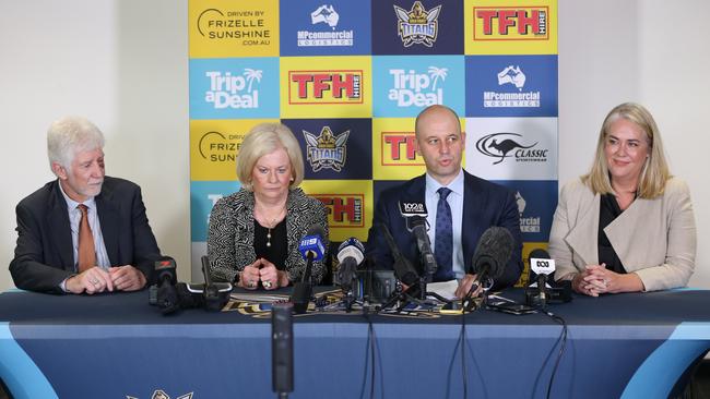 Darryl Kelly, Jo Kelly, NRL boss Todd Greenberg and Rebecca Frizelle at the press conference to announce the new Titans owners. Picture: Glenn Hampson