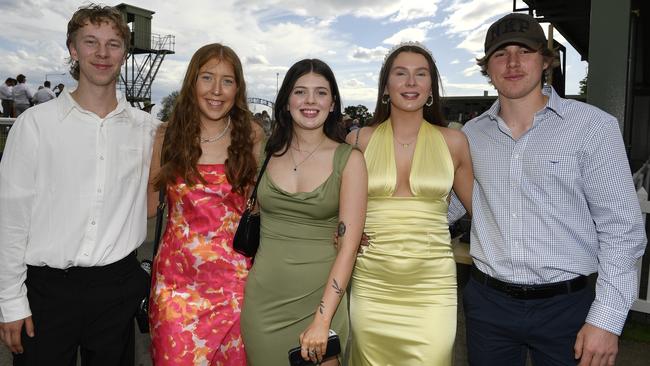 Ladbrokes Sale Cup. Racegoers are pictured attending Cup Day horse races at Sale Turf Club, Sunday 27th October 2024. Liam Macreadie, Mia Berks, Keely Tacey, Courtney Day, Jordon Grifffoen. Picture: Andrew Batsch