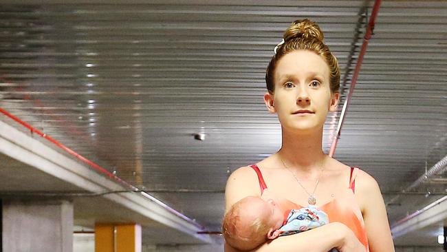 21-year-old Tasha Robbins with 2-week-old Harry allows an hour to find a park at the Lady Cilento Children's Hospital car park. Contact 0447125608. Pics Tara Croser.