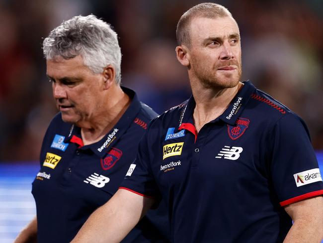 ADELAIDE, AUSTRALIA - APRIL 12: Simon Goodwin, Senior Coach of the Demons looks dejected after a loss during the 2025 AFL Round 05 match between the Melbourne Demons and the Essendon Bombers at Adelaide Oval on April 12, 2025 in Adelaide, Australia. (Photo by Michael Willson/AFL Photos via Getty Images)