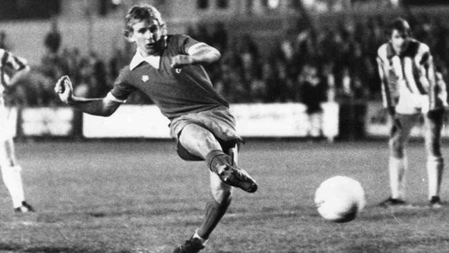 Former Socceroos striker John Kosmina scoring for Polonia against West Adelaide Hellas in the 1970s.
