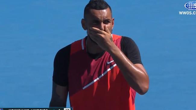 Nick Kyrgios’ reaction after accidentally hitting a child in the face. Picture: Channel 9