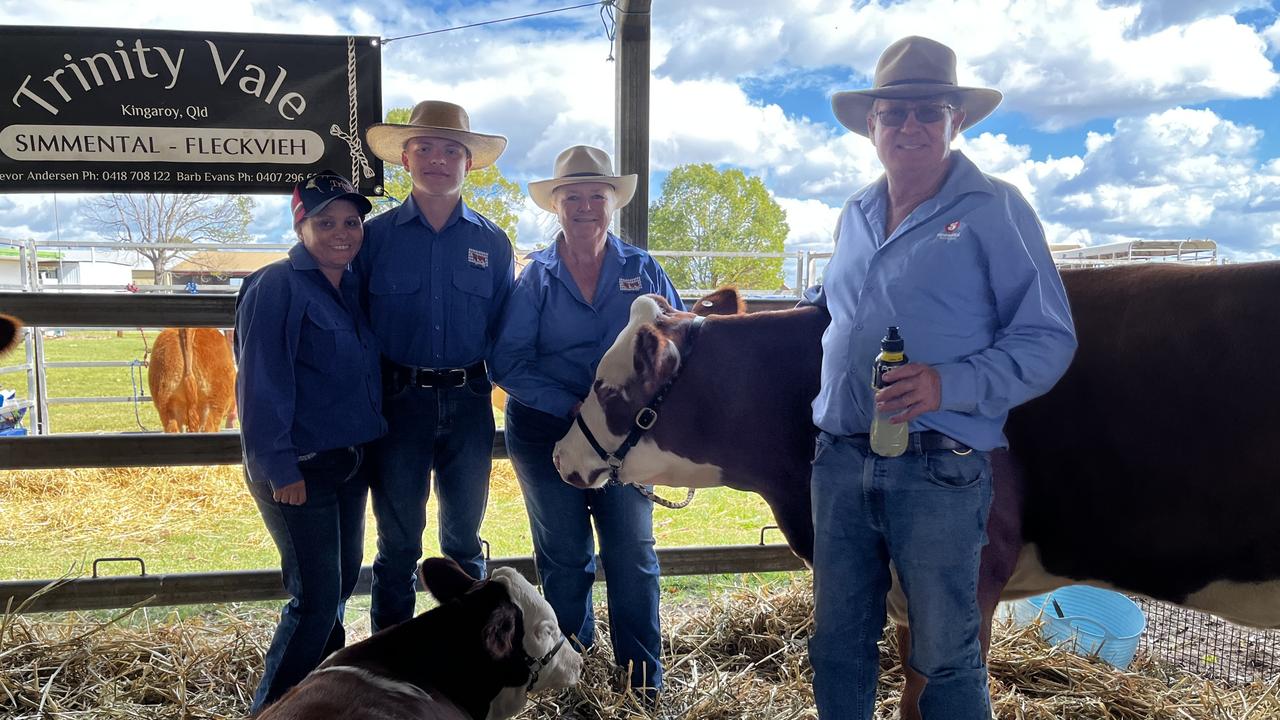 Lexy, David Barb and Trevor from Trinity Vale with their cows, mother and daughter duo Wish and Lovely, at the Kingaroy Show on Saturday, May 3 2025.