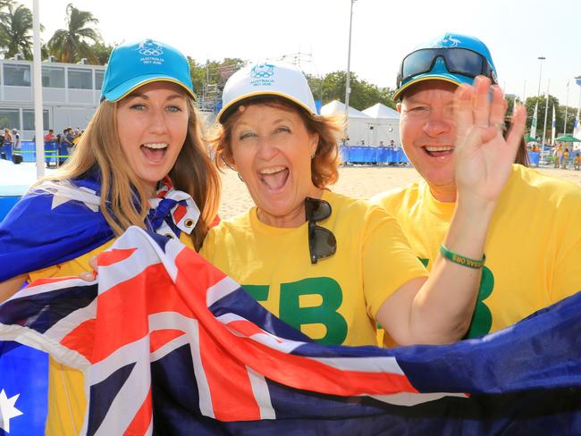 Rio Olympics 2016. Tom Burton wins Gold in the Laser Sailing. Tom's girlfriend Emma Knighton, mum Lynne and dad Peter [Burton]. Picture: Alex Coppel.