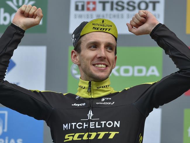 Mitchelton-Scott's British cyclist Simon Philip Yates on the podium after the gruelling stage. Picture: AFP