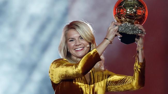 Ada Hegerberg celebrates with the Women's Ballon d'Or award in December. Picture: AP