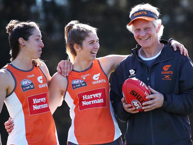 New AFLW coach for the GWS Giants women's team Alan McConnell with players Renee Forth, Maddy Collier and Emma Swanson. MCConnell has been an assistant with the men's AFL side. Picture. Phil Hillyard