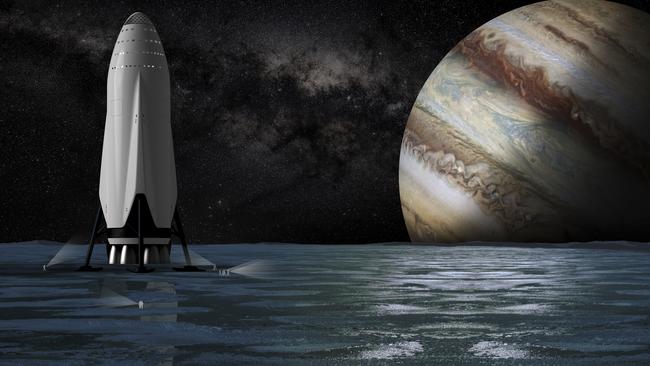 An artist’s impression shows SpaceX’s proposed Interplanetary Transport System (ITS) passenger module on the surface a moon orbiting the planet Jupiter. Picture: SpaceX via AP