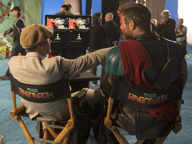 Waititi and Hemsworth discuss Thor’s clash with the Hulk. Hemsworth filmed his half of the fight alone, as Ruffalo had already completed his motion-capture work and flown home. Picture: Jasin Boland/Marvel/Disney