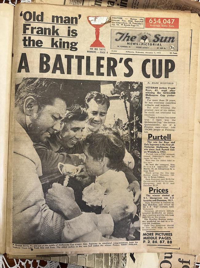 Newspaper clipping. The Sun. Wednesday, November 7, 1973. Frank Reys wins the Melbourne Cup. Picture: Supplied