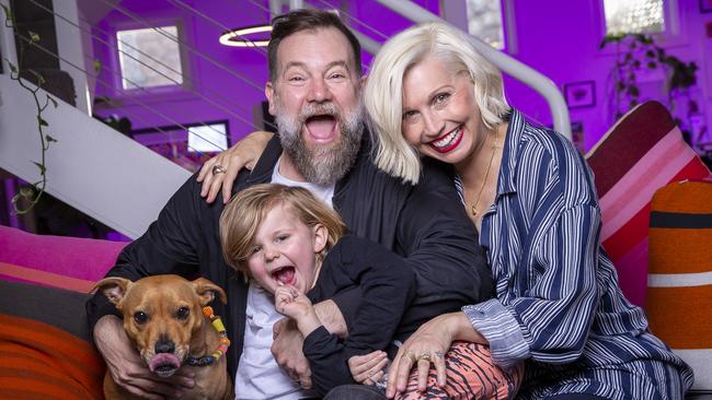 Anthony "Lehmo" Lehmann with partner Kelly Kearney, son Laddie, 4, and dog Bunny. Picture: Wayne Taylor