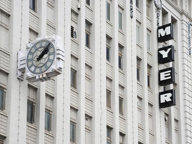 The Myer logo and clock are mounted on the side of the Bourke Street Mall, Myer department store in Melbourne. Picture: Carla Gottgens/Bloomberg News