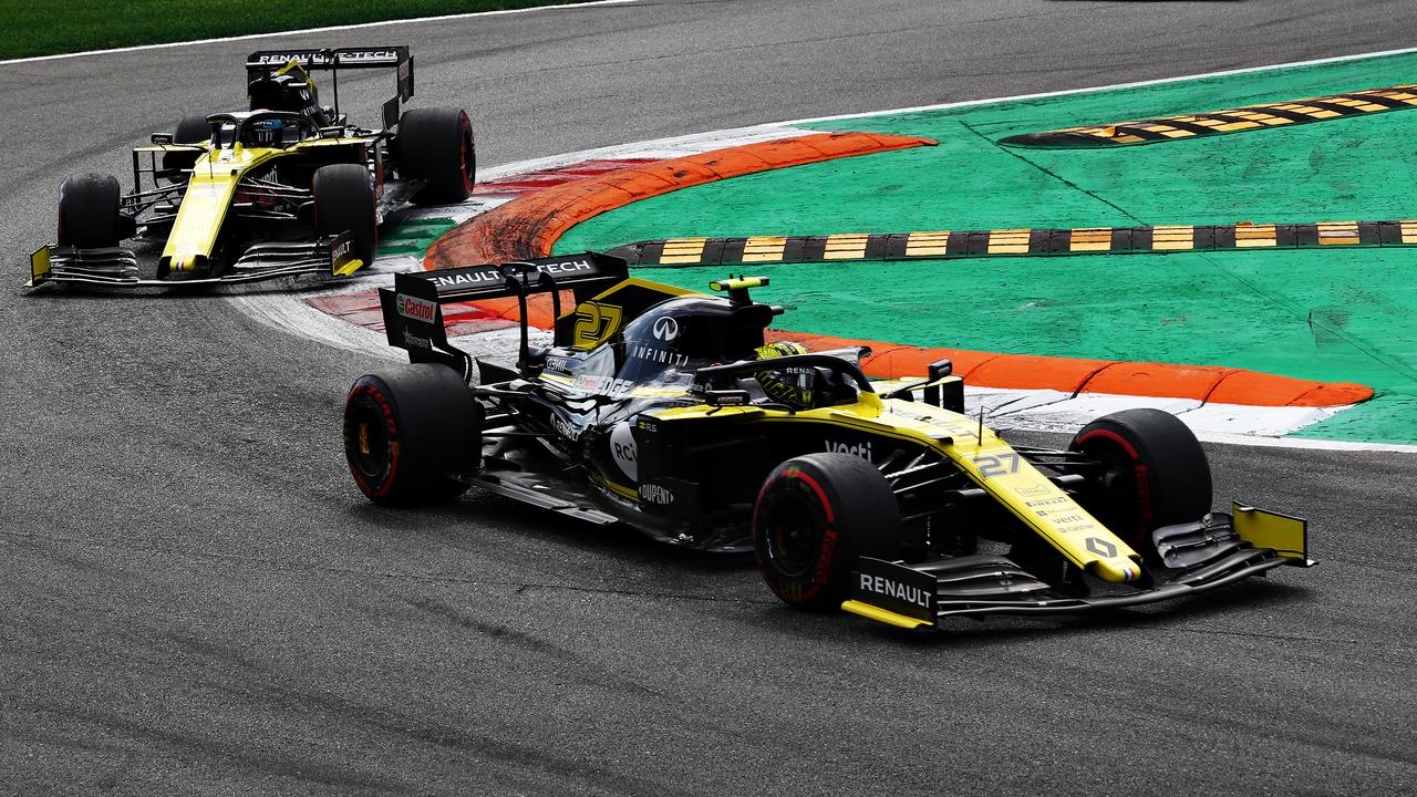 Hulkenberg leads Ricciardo in the early stages of the race in Monza.
