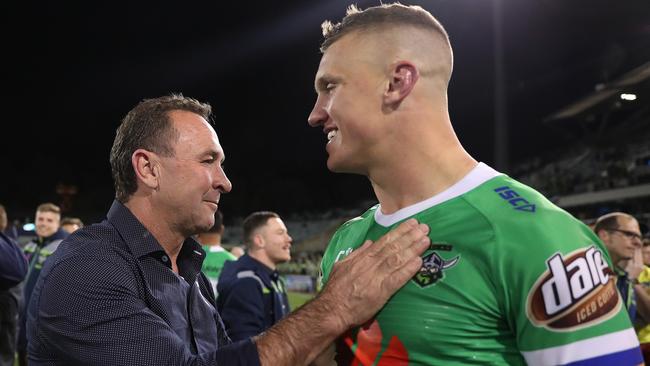 Canberra coach Ricky Stuart with Canberra's Jack Wighton after the Canberra Raiders v South Sydney Preliminary NRL Final at GIO Stadium, Canberra.