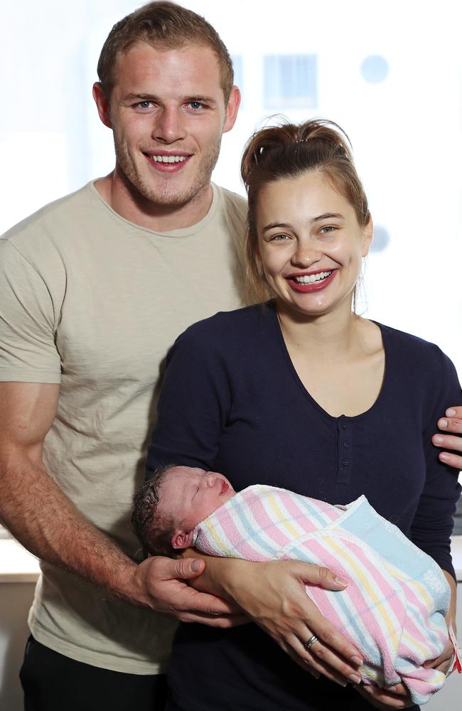 Tom Burgess and Tahlia Giumelli with their newborn baby girl Sophie. Picture: Tim Hunter