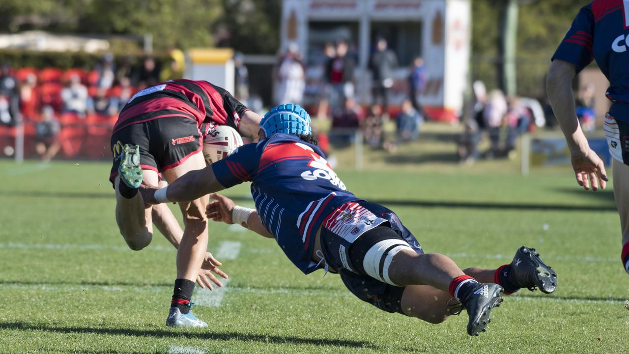 Dylan Chown, Valleys and Joe Fuimaono, Warwick. TRL grand final, Valleys vs Warwick Cowboys. Sunday, 8th Sep, 2019.