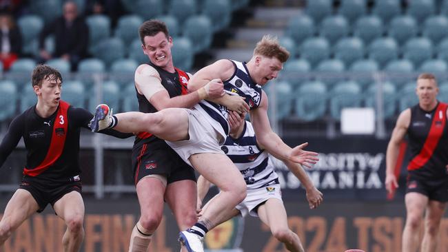 Alex Lee North Launceston and Bryce Walsh Lauderdale. TSL grand final 2024 - North Launceston V Lauderdale. Picture: Nikki Davis-Jones