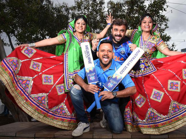 Indian cricket fans with dancers from Gujarati ahead of a Diwali event (L-R) Sweta Parikh, Ajay Sindha (Bharat Army), Bapu Gohil (Bharat Army) and Dhvani Panchal. Picture: Josie Hayden