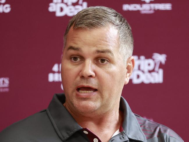 DAILY TELEGRAPH. JANUARY 31, 2023.Pictured at 4 Pines Park in Brookvale today is Manly Sea Eagles Coach Anthony Seibold during a press conference. Picture: Tim Hunter.