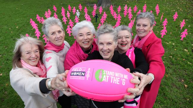 Breast Cancer Network Australia founder Lyn Swinburne with her friends, The Boilers, Kris Fitzgerald, Carolyn Allison, Ronna Moore, Marita OKeefe and Lynne Williams. Picture: David Caird