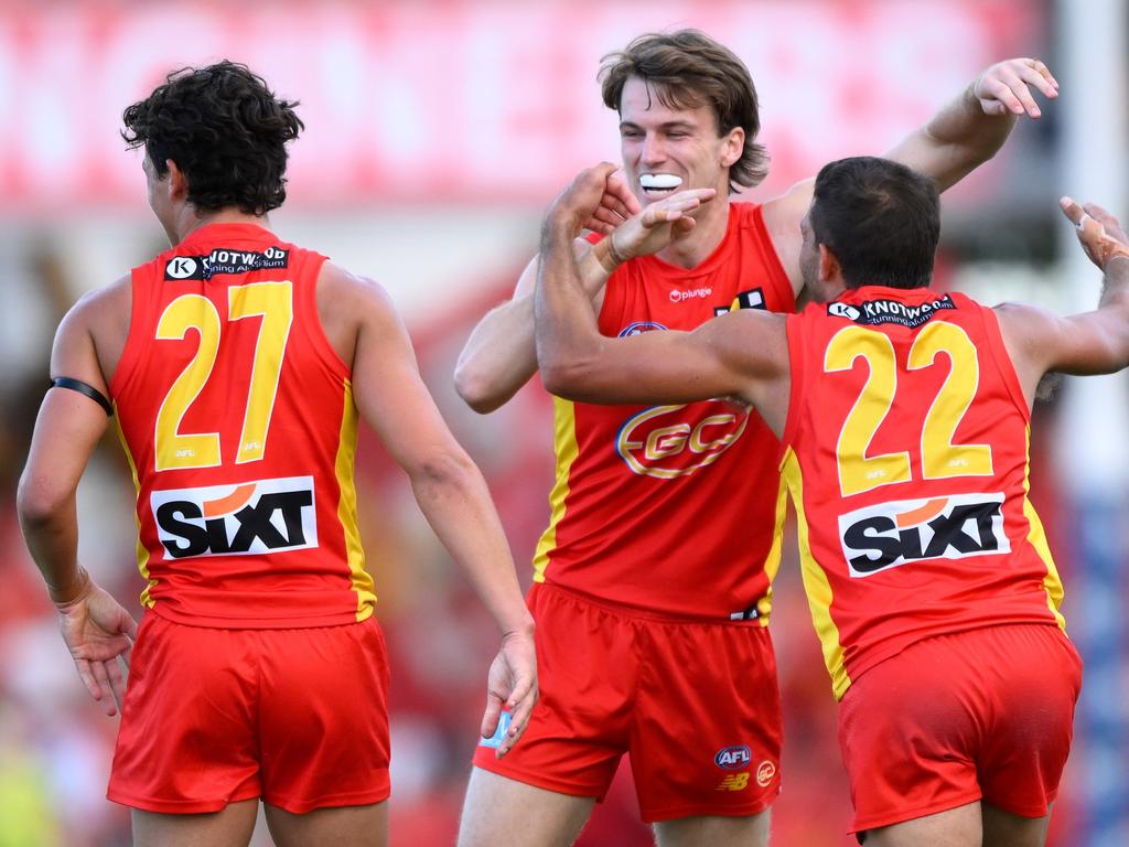 Charlie Ballard celebrates a goal. Picture: Matt Roberts/AFL Photos/Getty Images