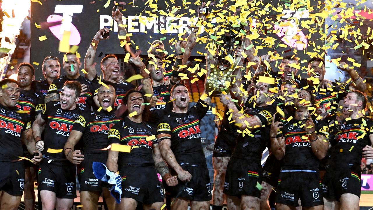 The Panthers celebrate their grand final win. Picture: Bradley Kanaris/Getty Images