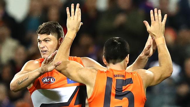 Giants forward Jonathon Patton celebrates a key goal against the Western Bulldogs. Picture: Ryan Pierse (Getty Images)