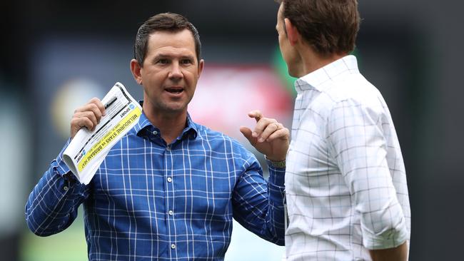 Ricky Ponting and Adam Gilchrist chat before a Big Bash League match.