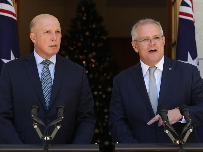 Home Affairs Minister Peter Dutton and PM Scott Morrison at a press conference following the medevac repeal on Wednesday. Picture: Kym Smith