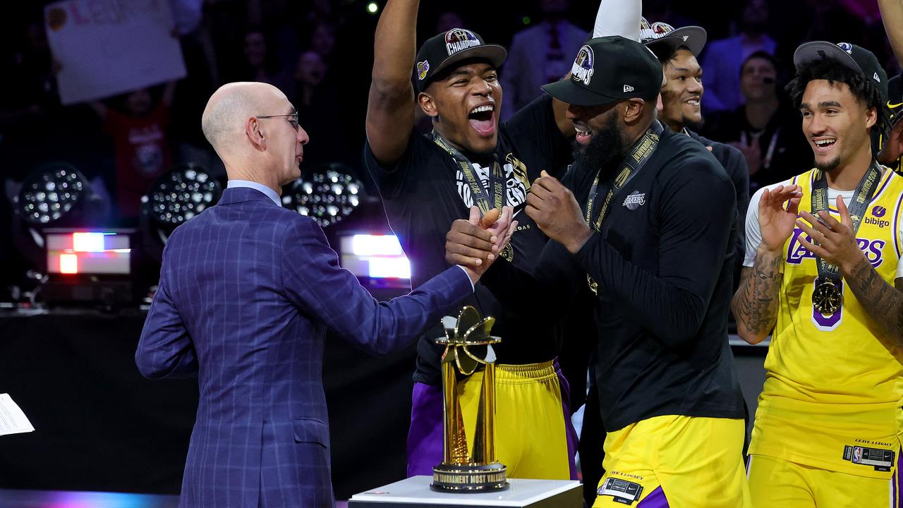 LAS VEGAS, NEVADA - DECEMBER 09: NBA Commissioner Adam Silver shakes hands with LeBron James #23 of the Los Angeles Lakers after the championship game against the Indiana Pacers in the inaugural NBA In-Season Tournament at T-Mobile Arena on December 09, 2023 in Las Vegas, Nevada. NOTE TO USER: User expressly acknowledges and agrees that, by downloading and or using this photograph, User is consenting to the terms and conditions of the Getty Images License Agreement. Ethan Miller/Getty Images/AFP (Photo by Ethan Miller / GETTY IMAGES NORTH AMERICA / Getty Images via AFP)