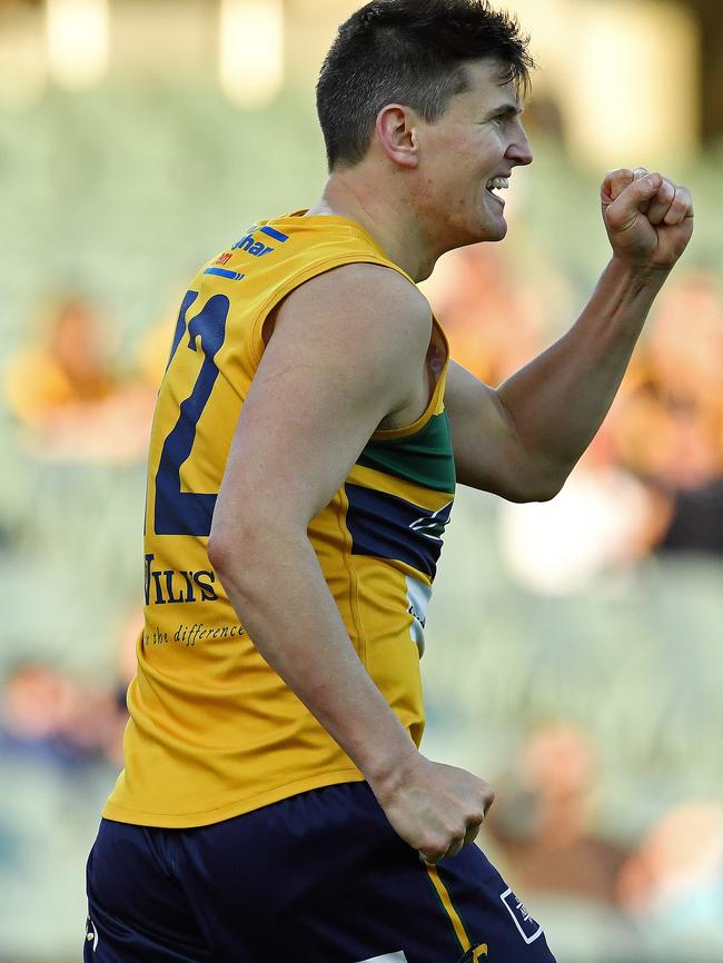 Andrew Ainger celebrates after kicking a goal for Woodville-West Torrens last year. Photo: Tom Huntley