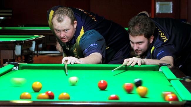 John Wheeler and Vijay Randall playing at Snooker world at Mermaid Beach. Picture: Mike Batterham