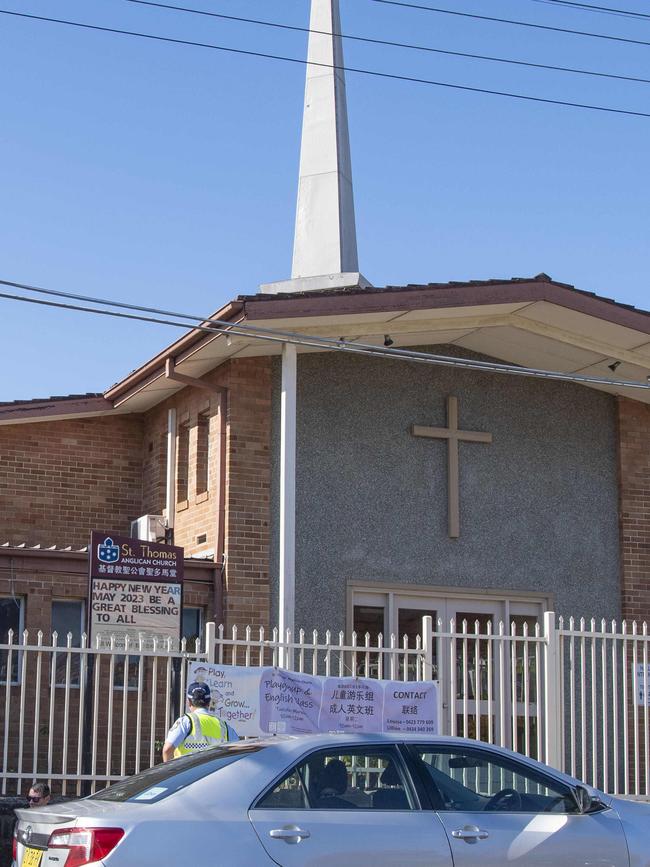 The fire engulfed the hall next to the church, which was spared damage. Picture: NCA NewsWire/Simon Bullard