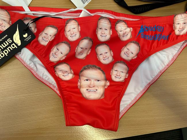 Pat Carrigan was gifted a pair of budgie smugglers with Nova 106.9 radio host David 'Luttsy' Lutteral's face on them. photo: Supplied.