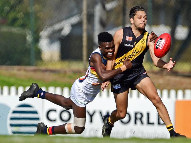 Former Glenelg player Ian Milera (pictured right) booted 11 goals for Portland on Saturday. Picture: Tom Huntley