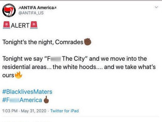 One of the fake Antifa posts Twitter says was the work of white supremacist group Identity Evropa. Picture: Twitter