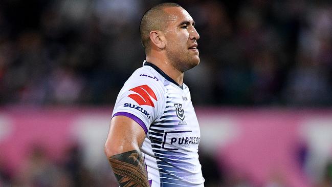 Nelson Asofa-Solomona of the Storm reacts during the NRL Preliminary Final match between the Sydney Roosters and Melbourne Storm at the SCG in Sydney, Saturday, September 28, 2019. (AAP Image/Dan Himbrechts) NO ARCHIVING, EDITORIAL USE ONLY