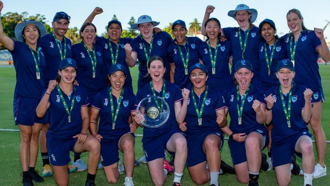 NSW Metro players celebrate after defeating Vic Country in the final at the WACA Ground, Cricket Australia Under-19 National Female Cricket Championships in Perth, 12 December, 2022. Picture: Cricket Australia