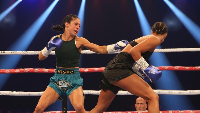 Linn Sandstrom (black shorts) taking on Felicity Lotterton in the super fly division at the Newcastle Entertainment Centre in March, 2021. Picture: NCA NewsWire / Peter Lorimer