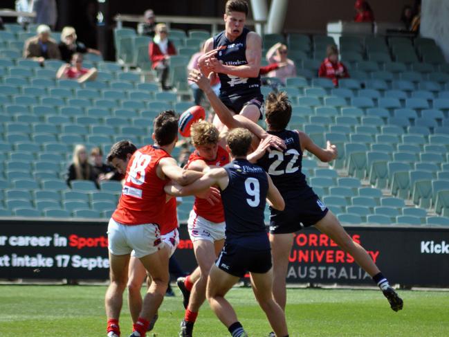 Ex-South Adelaide under-18 small forward Jake Tarca’s big marking will now be on show at Geelong after the Cats picked him at last month’s AFL national draft Picture: Jonathon Parker