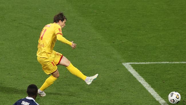 Craig Goodwin scores against Melbourne Victory. Picture: Robert Cianflone/Getty Images