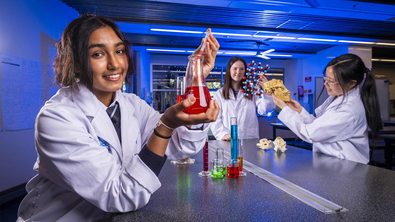 Students Hita Keshav, 15, Caitlyn Lewis, 17 and Emily Pham, 16 in the lab at John Monash Science School, Clayton, Victoria. Picture: Jake Nowakowski