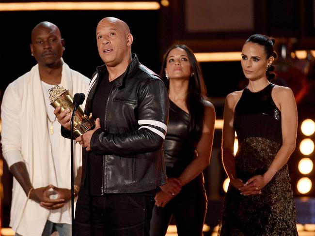 Tyrese Gibson, Vin Diesel, Michelle Rodriguez, and Jordana Brewster accept the MTV Generation Award for ‘The Fast and the Furious’ franchise onstage during the 2017 MTV Movie And TV Awards at The Shrine Auditorium on May 7, 2017 in Los Angeles, California. Picture: Getty