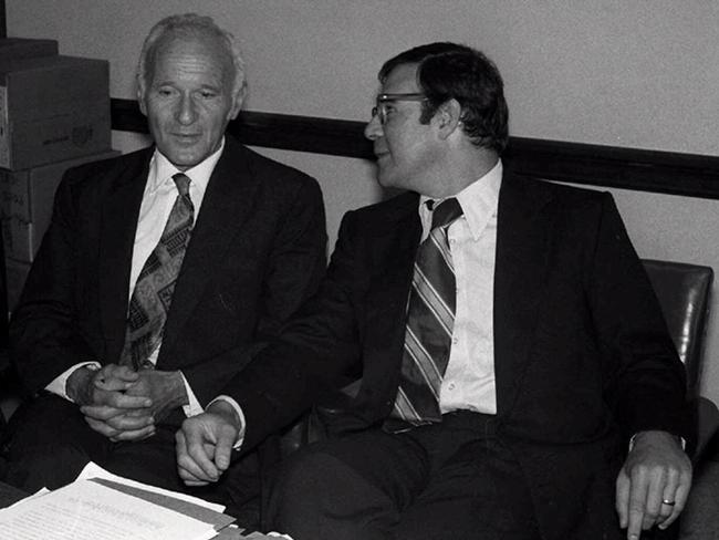 Scientist Sidney Gottlieb (left), supervisor of CIA experiments during Cold War that included use of LSD and other mind-altering drugs, during a Select Committee on US Intelligence to explain some of his research in 1977.