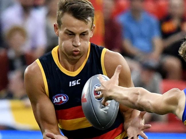 Adelaide's Tom Doedee and West Coast's Brayden Ainsworth during the Pool B match between the West Coast Eagles and the Adelaide Crows during the AFLX Adelaide tournament at Coopers Stadium in Hindmarsh, Thursday, February 15, 2018. (AAP Image/Sam Wundke) NO ARCHIVING, EDITORIAL USE ONLY