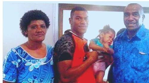 Maika Sivo with his parents and baby sister. His family couldn’t make the trip for his NRL debut but will be watching from Fiji. Picture: Fijivillage.com