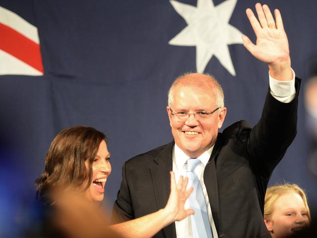 Prime Minister Scott Morrison and the Liberal Party faithful celebrate the LNP 2019 Federal Election win .Photo Jeremy Piper