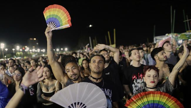 Fans cheer as they watch Gaga perform her hit ‘Born This Way’ at her first show in Brazil in 13 years. Picture: AP Photo/Bruna Prado